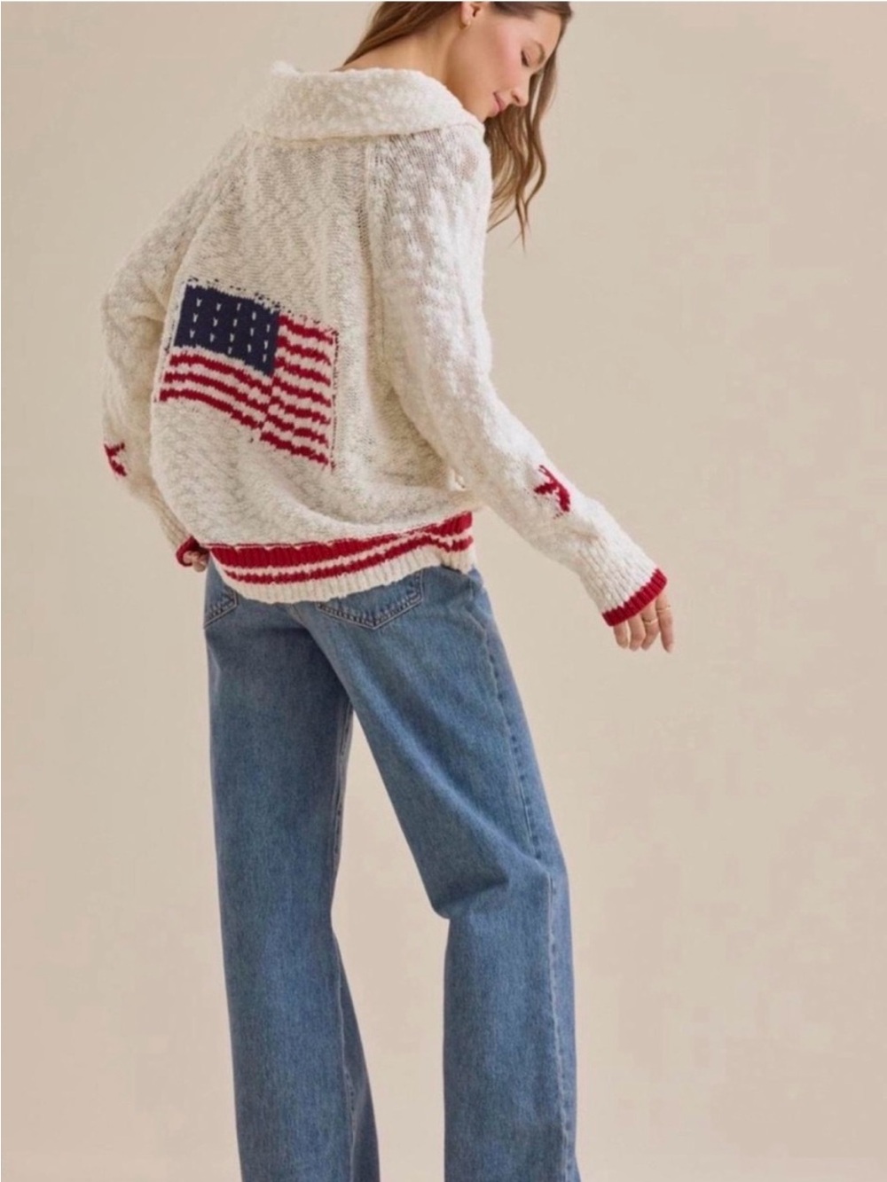 Altar'd State Cream Sweater with Red & Blue Flag Motif - Picture 2 of 11